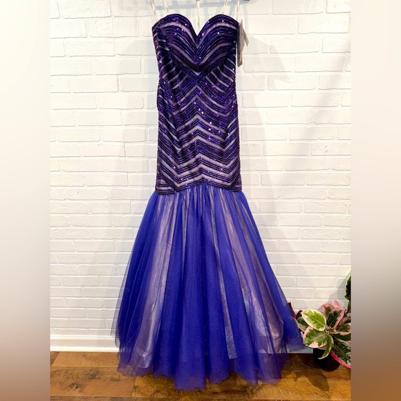 NEW Le Gala by Mon Cheri Beaded Mermaid Strapless Dress Special Occasion Gown - Picture 3 of 15